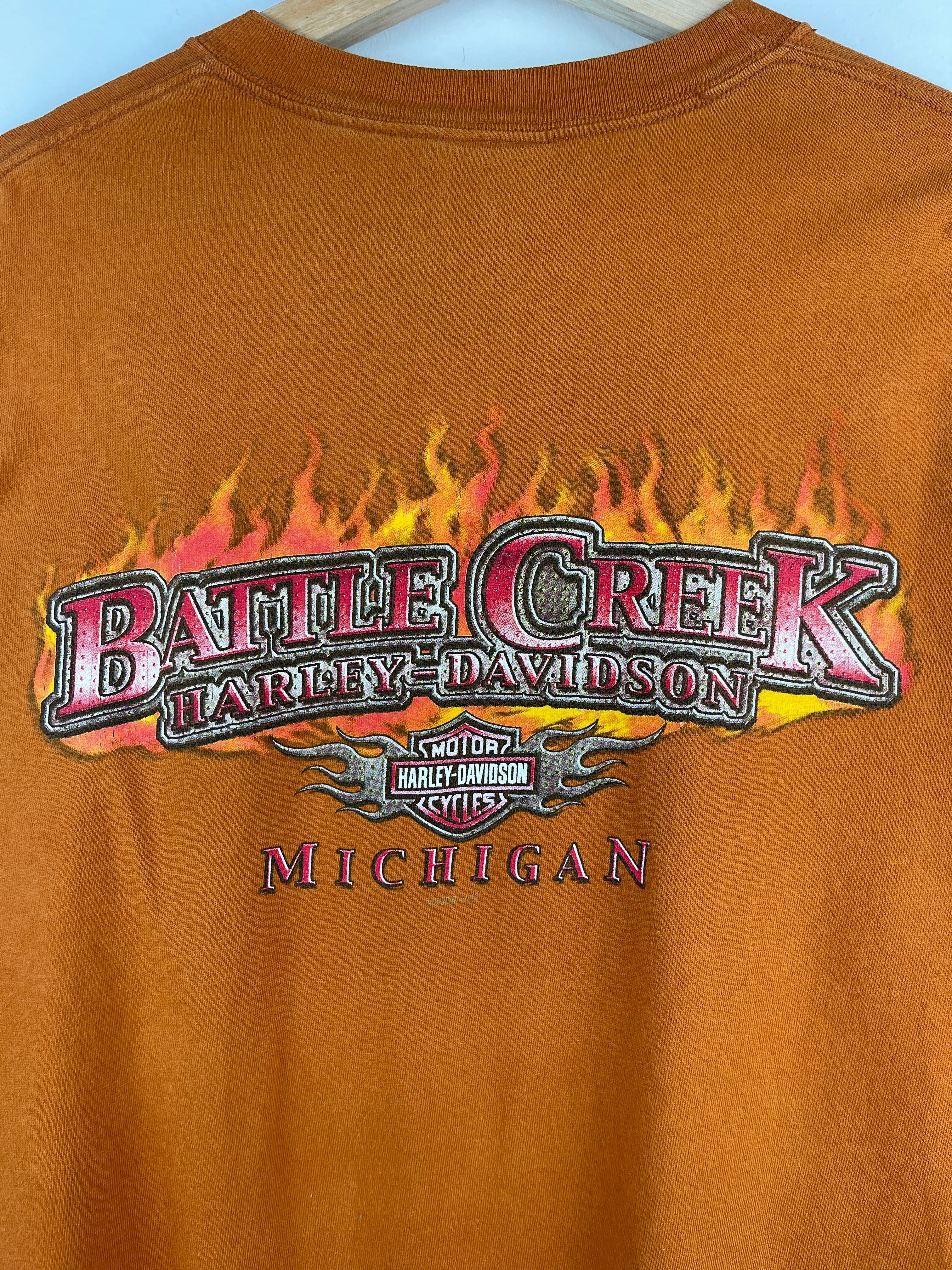 Vintage Harley Davidson Skull Flames Michigan Orange Tee