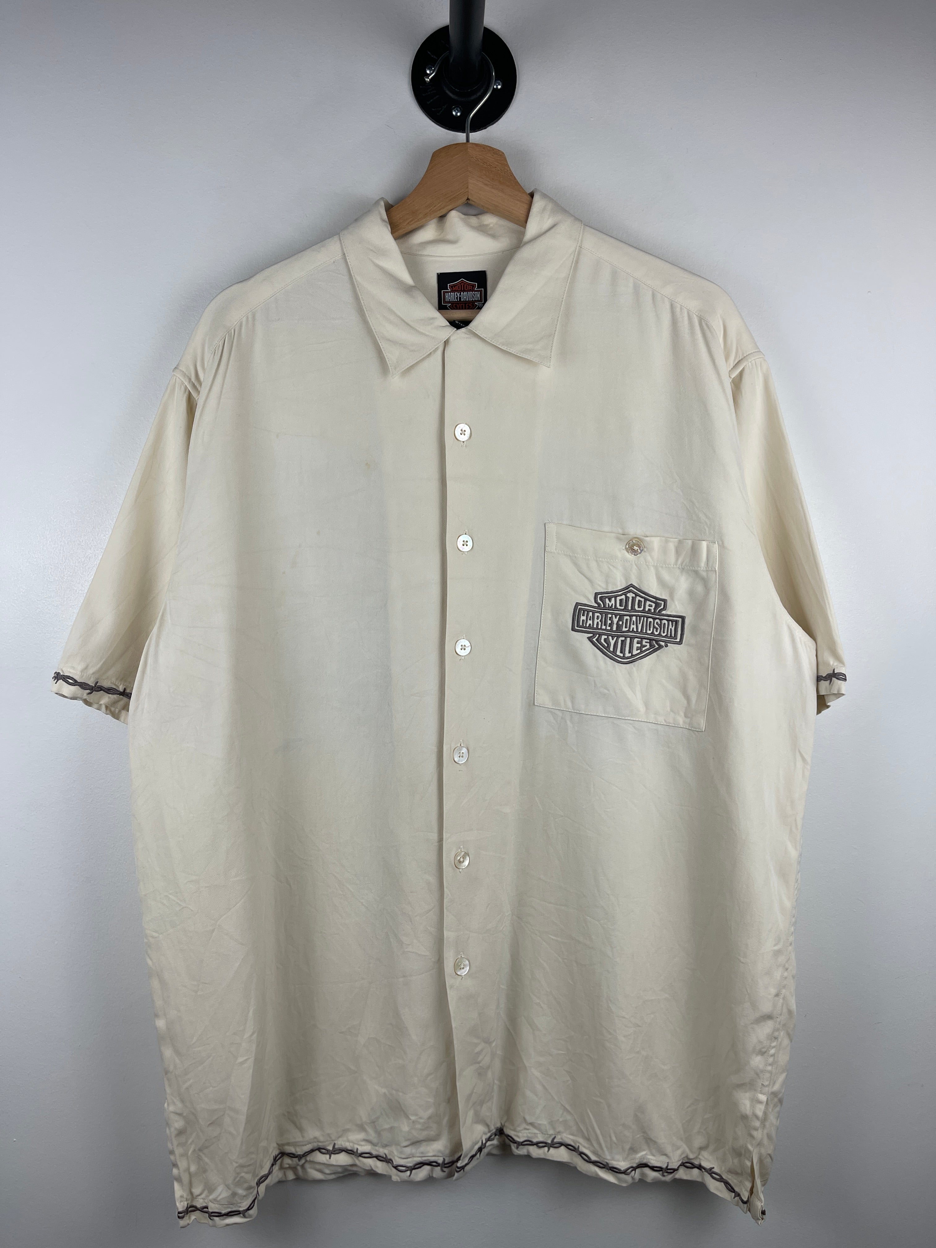 Vintage Harley Davidson Chrome Sweet Chrome Barb Wire Silk Short Sleeve Button Up Shirt