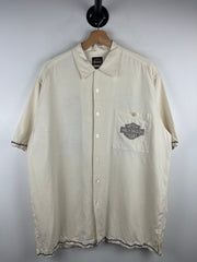 Vintage Harley Davidson Chrome Sweet Chrome Barb Wire Silk Short Sleeve Button Up Shirt