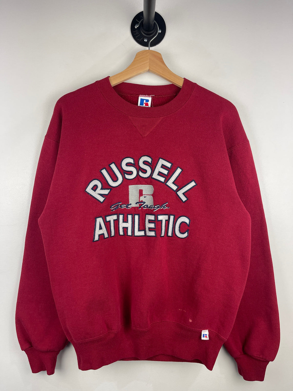 Vintage 90s Russell Athletic Spellout Embroidered Red Crewneck