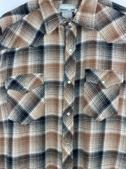 Vintage 90s Wrangler Western Pearl Snap Plaid Brown & White Button Up Flannel Long Sleeve Shirt