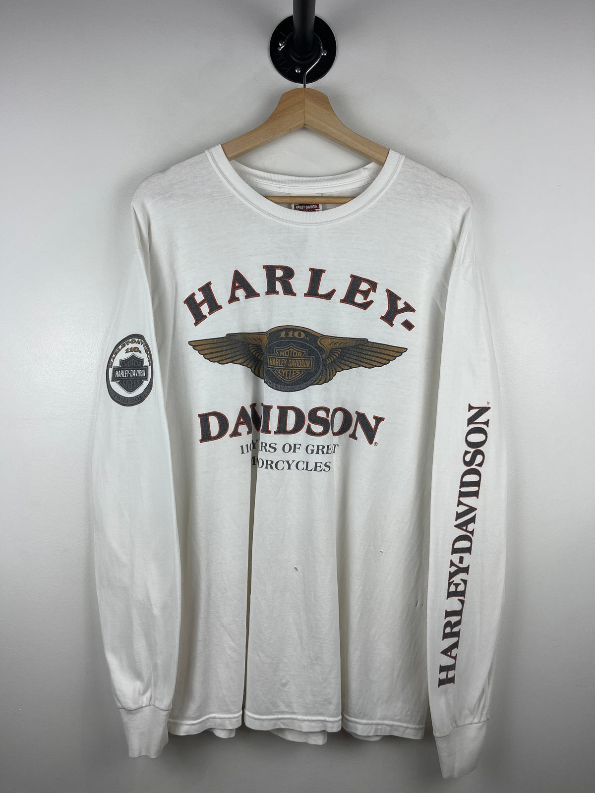 Vintage Harley Davidson Green Bay Wisconsin Thrashed White Long Sleeve