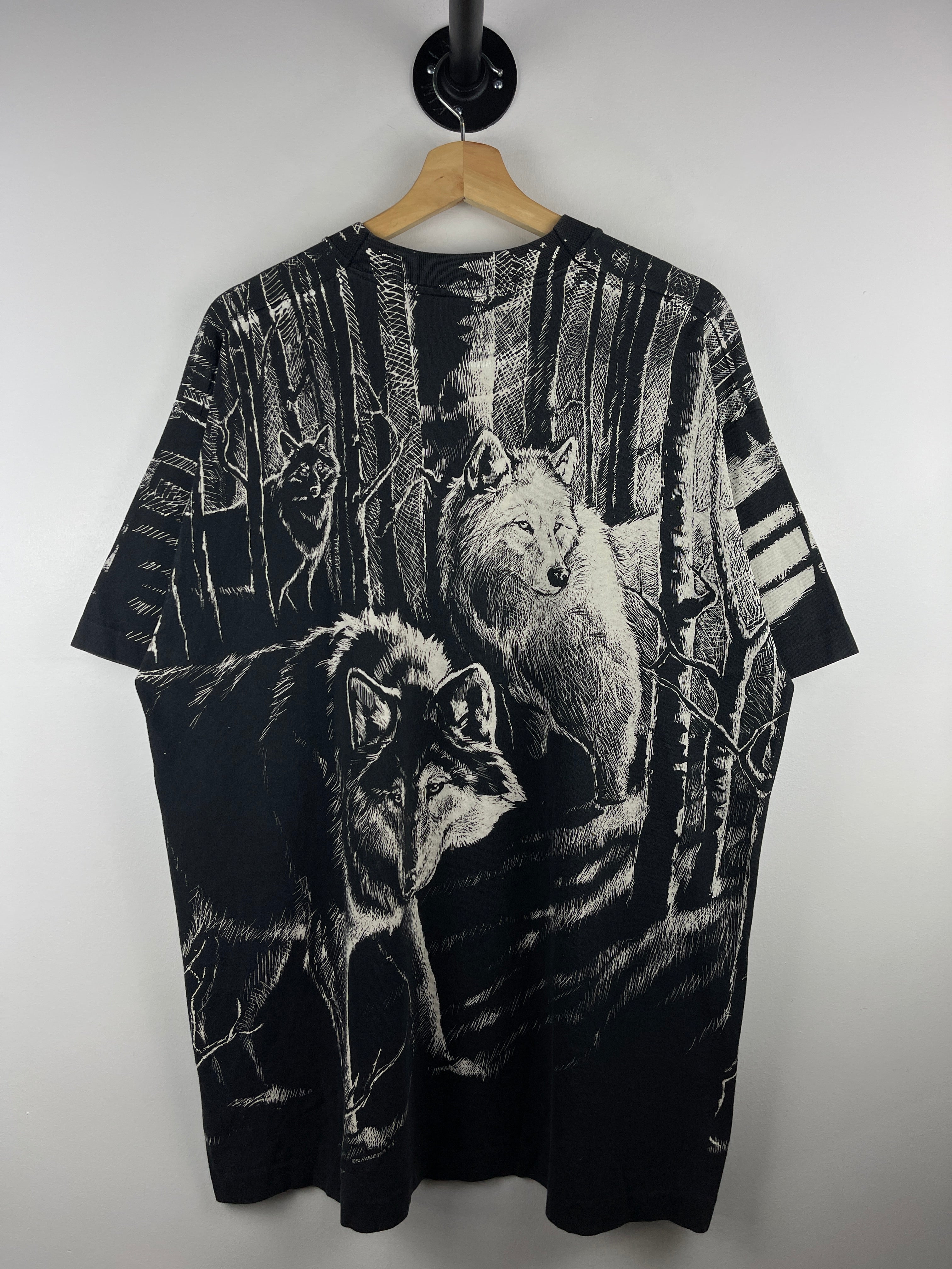 Vintage 90s Wolf Wilderness Alaska All Over Print Black Tee