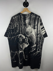Vintage 90s Wolf Wilderness Alaska All Over Print Black Tee