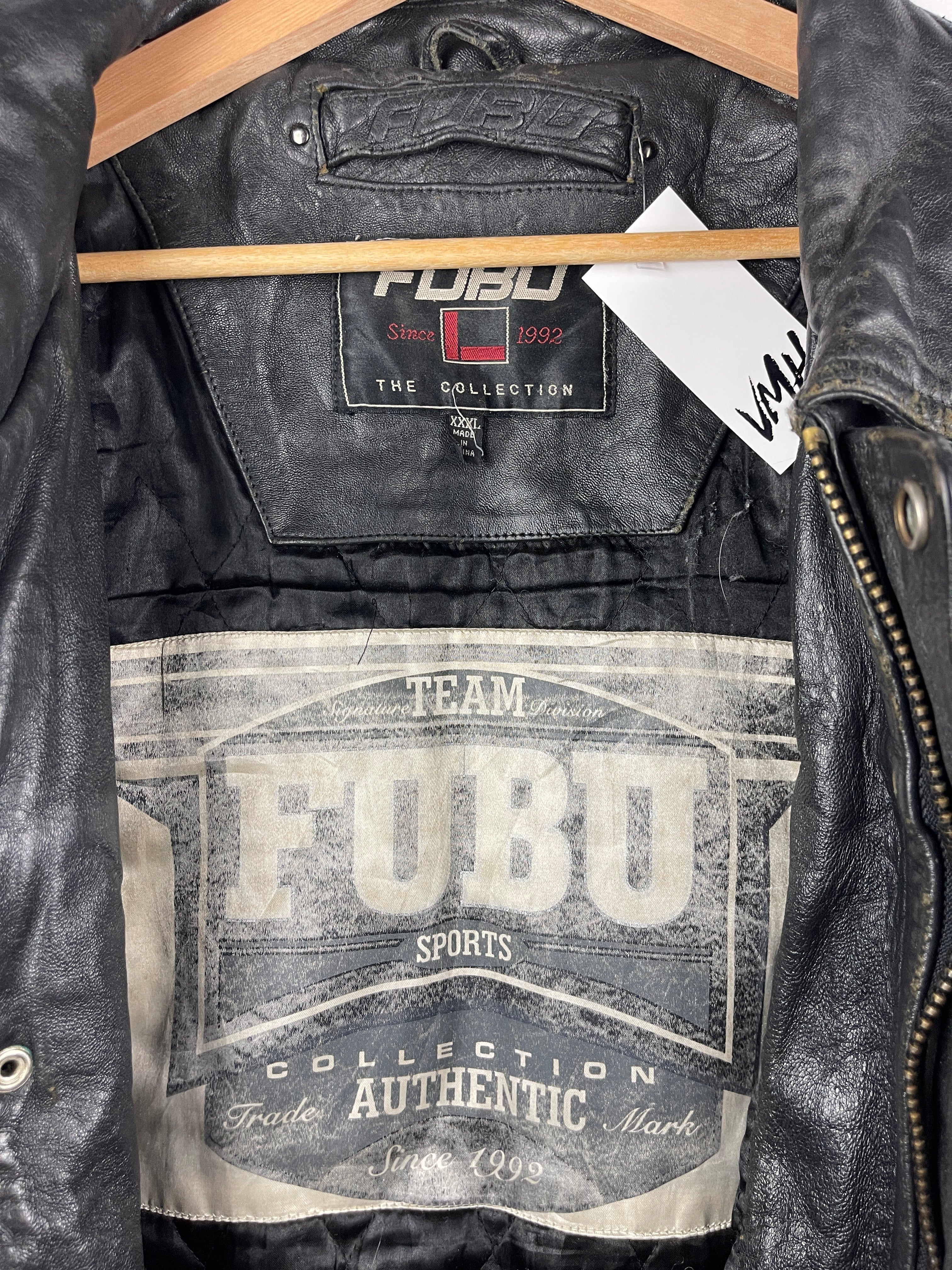 Vintage Fubu Sports Faded Black Leather Bomber Jacket