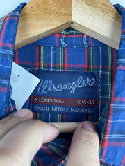Vintage 90s Wrangler Western Pearl Snap Plaid Blue Long Sleeve Button Up Shirt