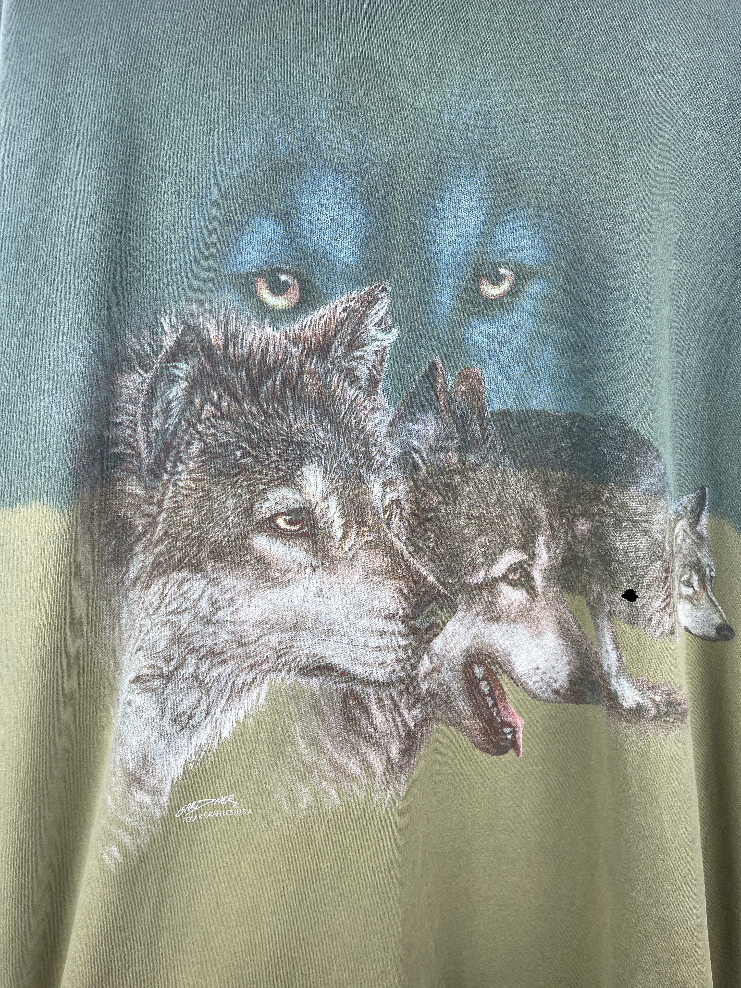 Vintage 90s Wolf Wilderness Gradient Green Faded Tee
