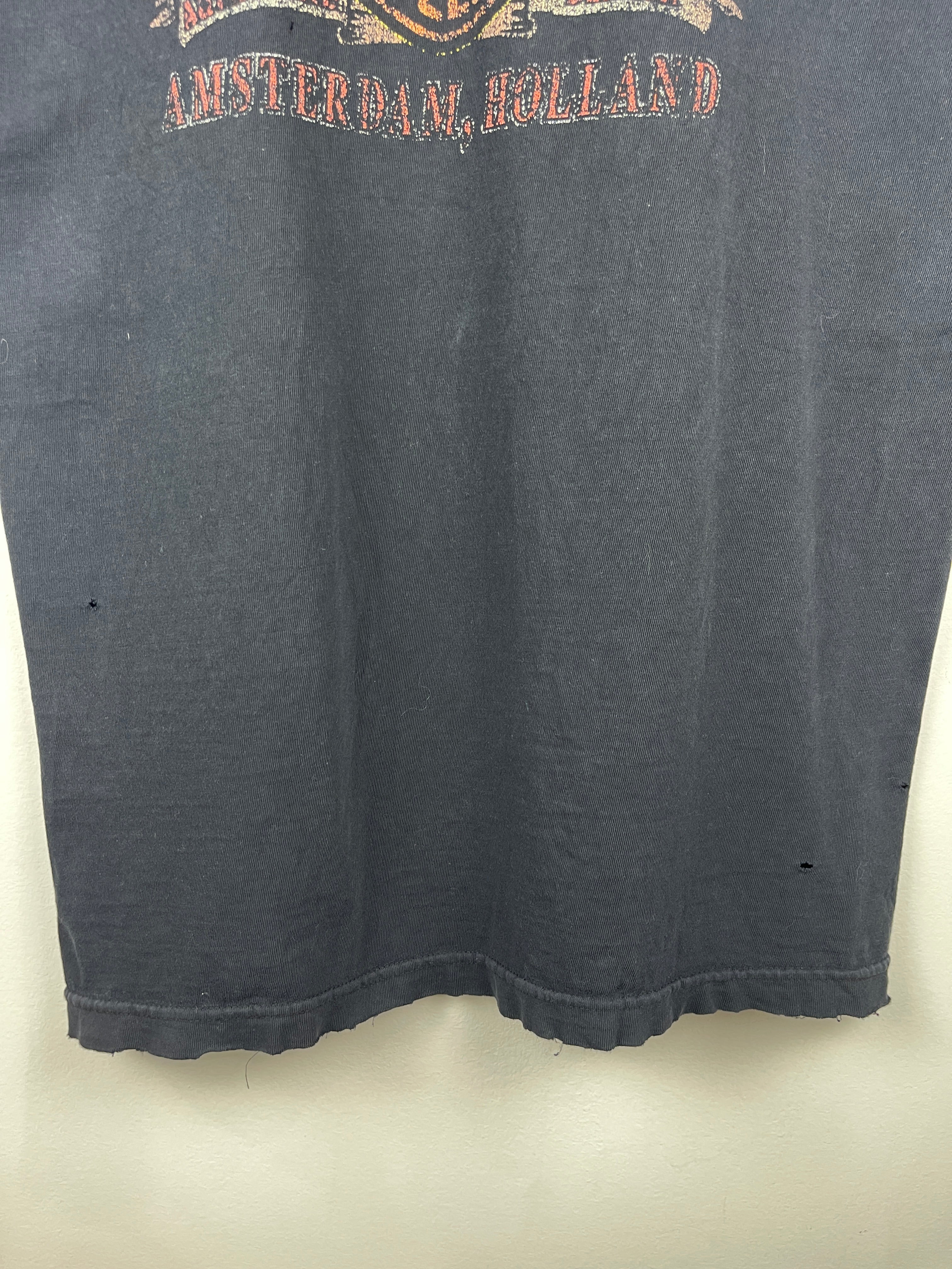 Vintage Harley Davidson Flame Amsterdam Holland Thrashed Black Cut Off Tank Top