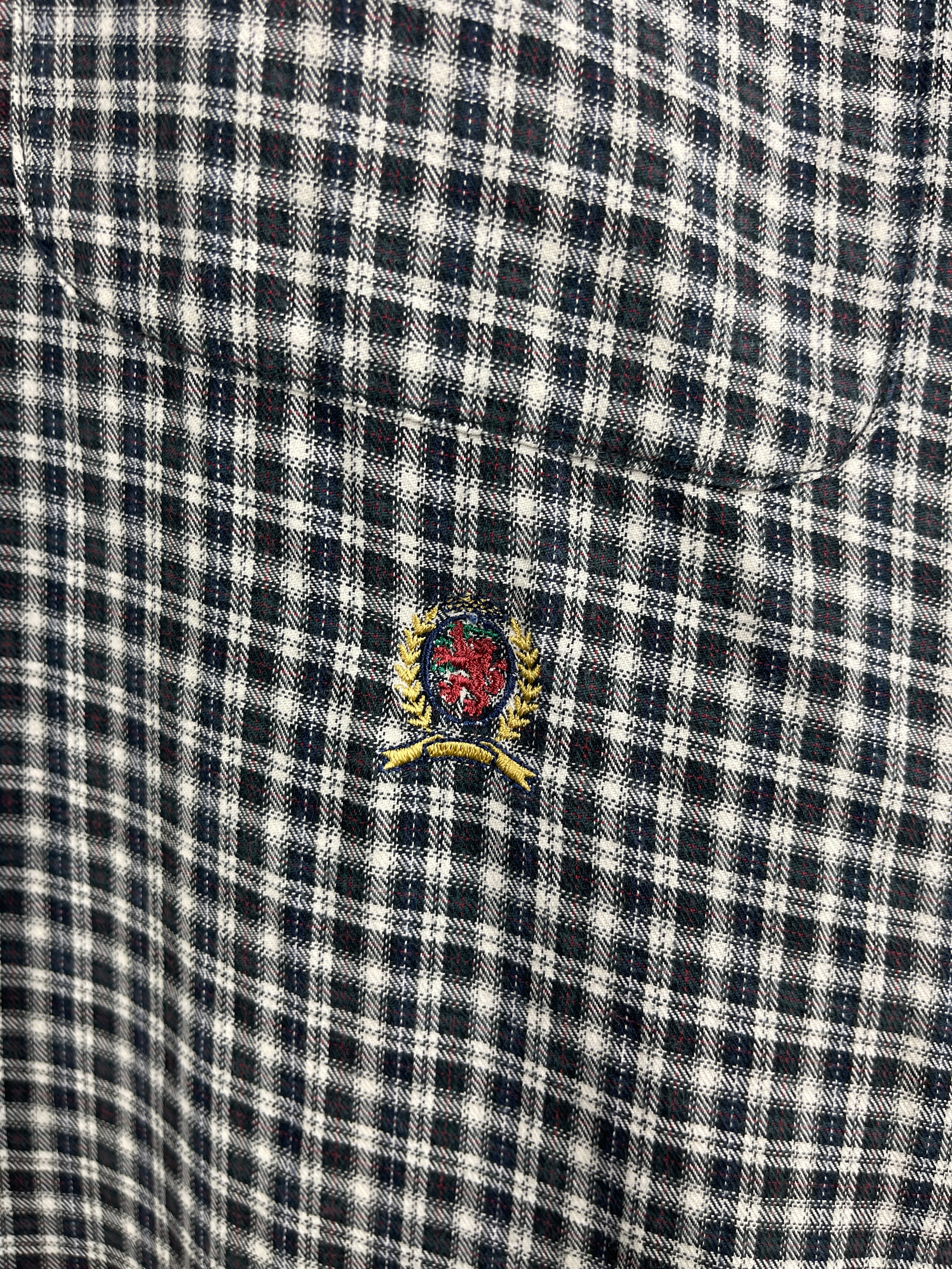 Vintage 90s Tommy Hilfiger Crest Plaid Black & White Flannel Long Sleeve Shirt