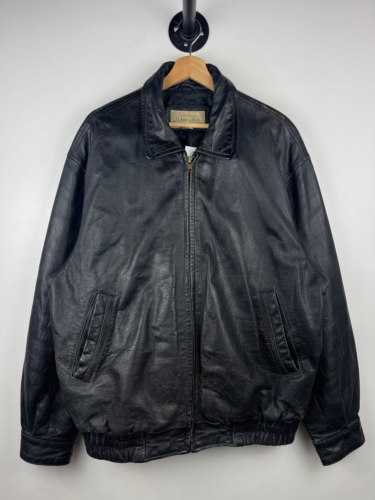 Vintage 90s St Johns Bay Faded Black Leather Bomber Jacket