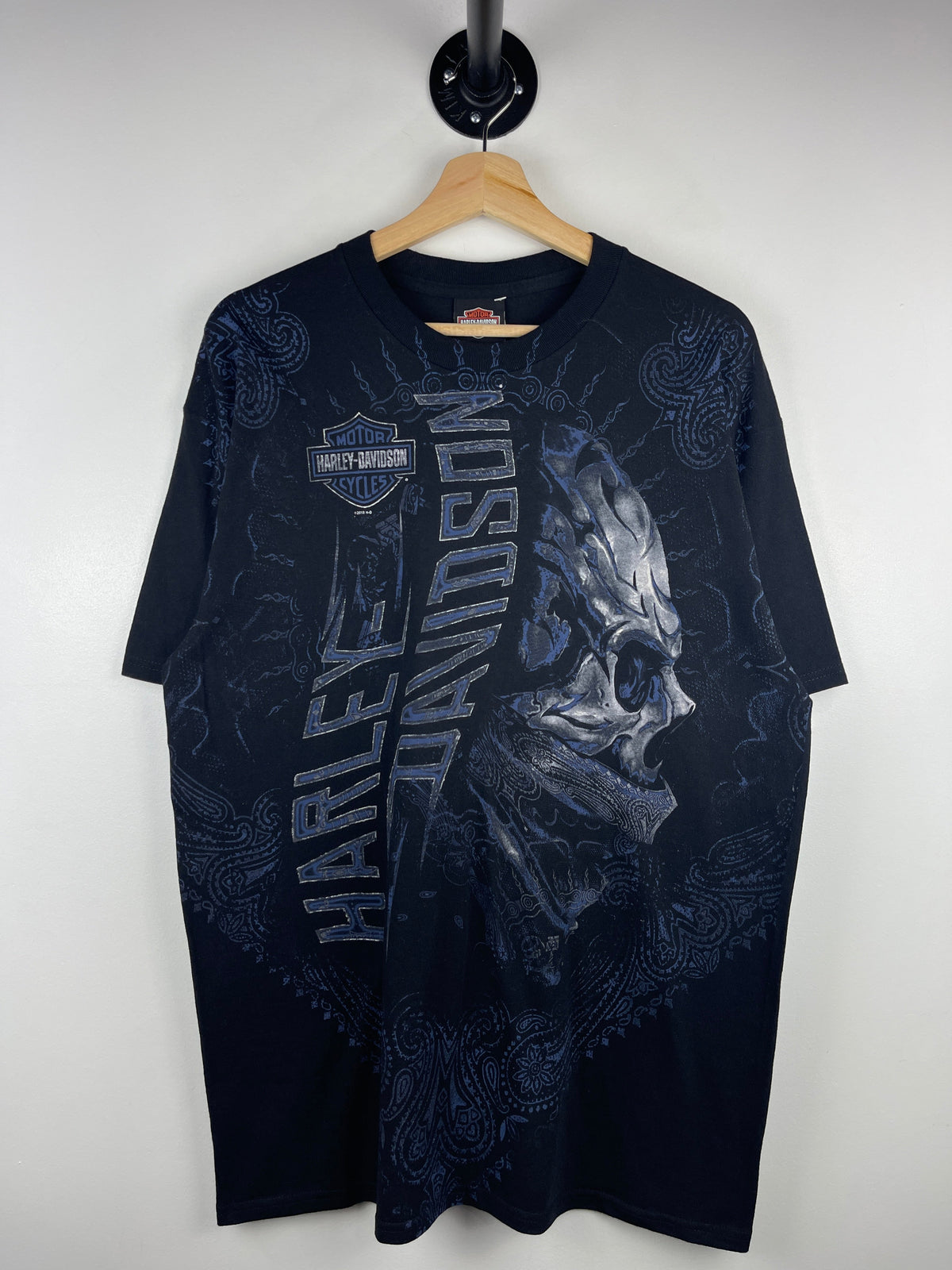 Vintage Harley Davidson Skull Paisley All Over Print Black Tee