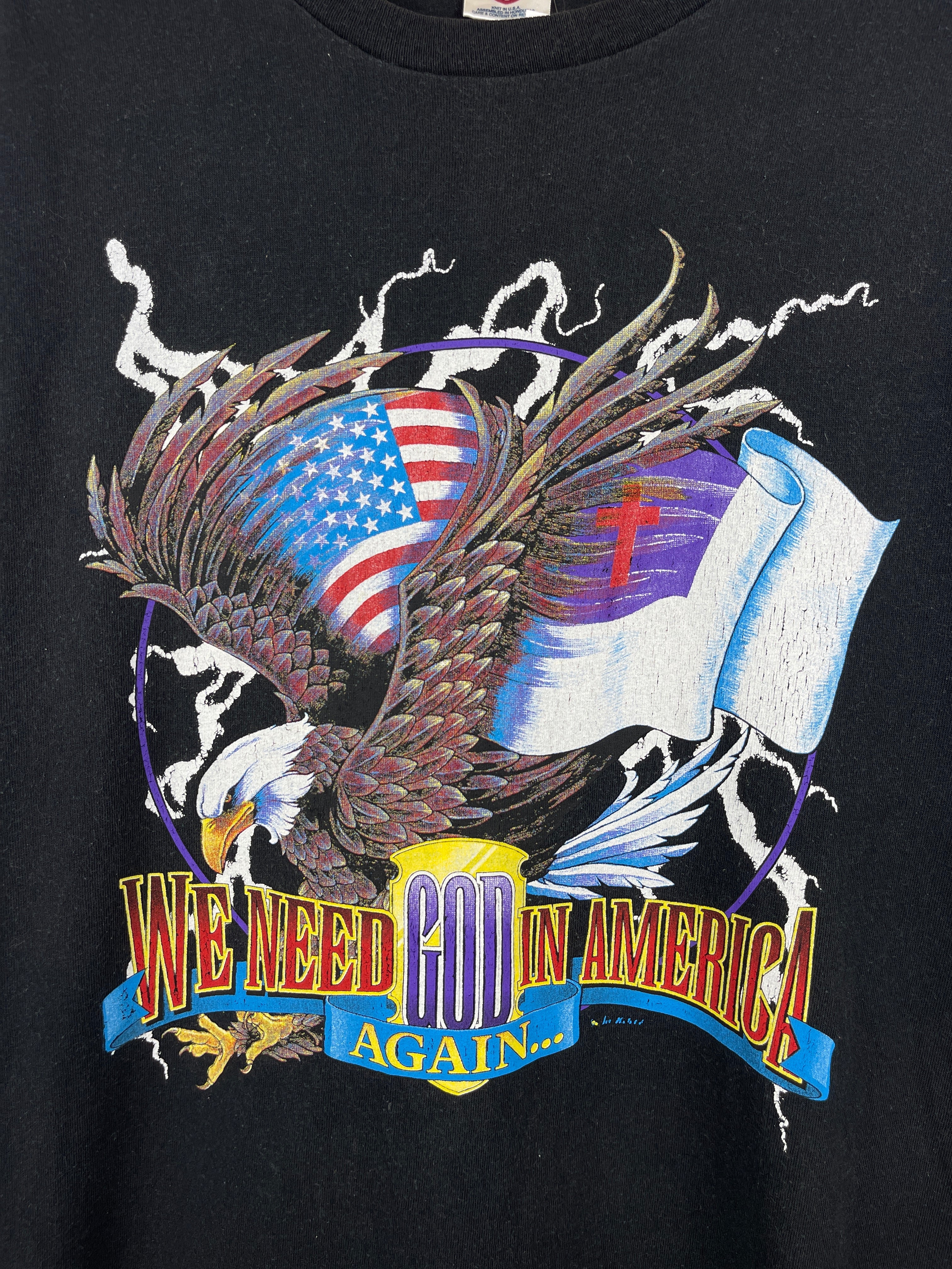 Vintage 90s We Need God In America Eagle Jesus Black Tee