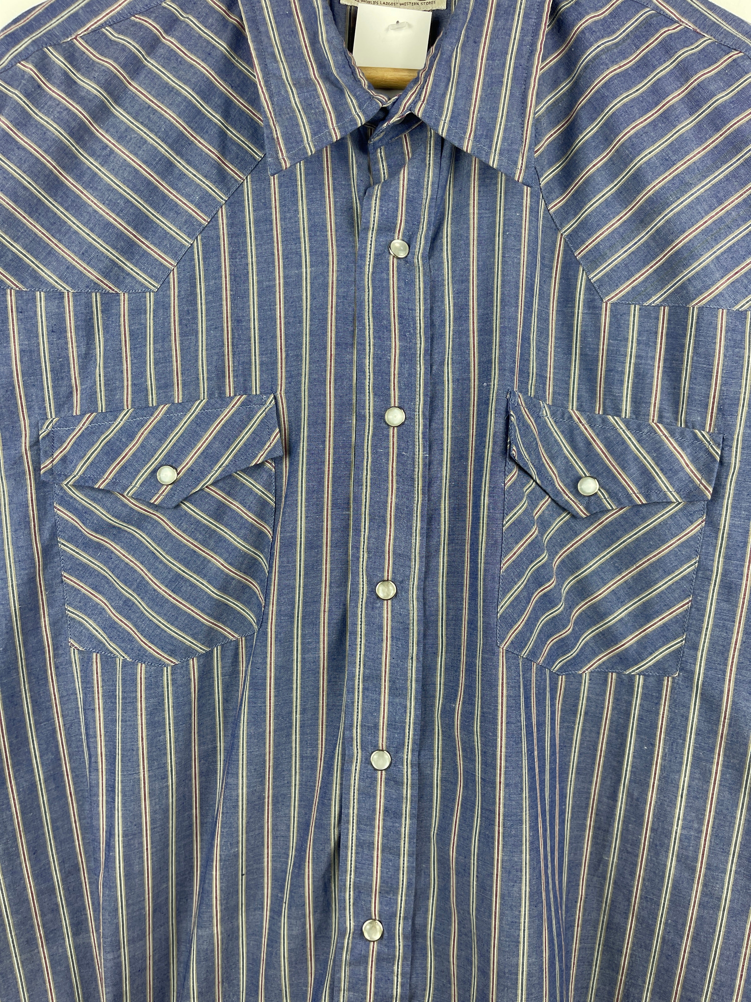 Vintage 90s Sheplers Pearl Snap Striped Blue Short Sleeve Button Up Shirt