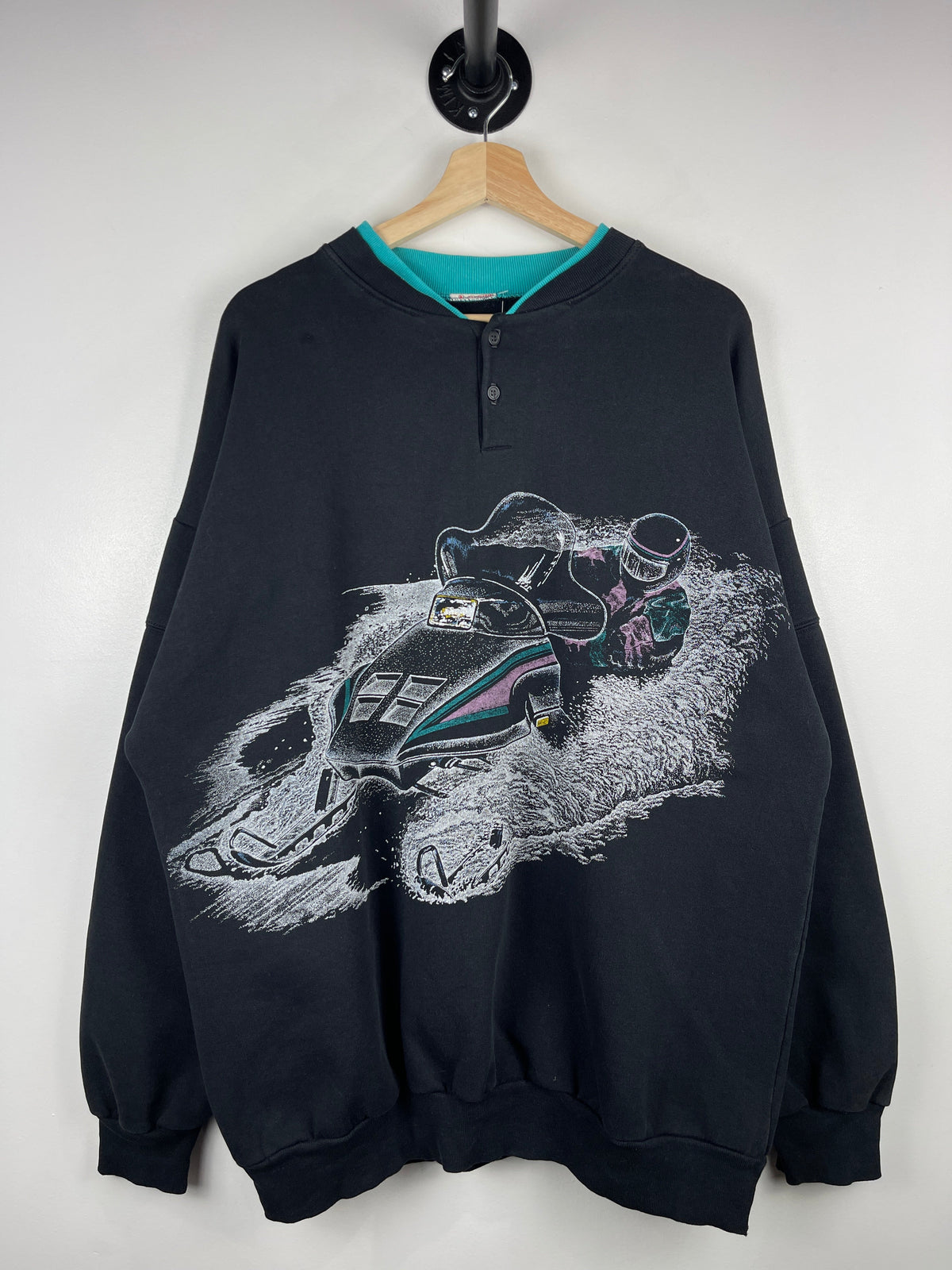 Vintage 90s Snowmobiling Wrap Around Black Henley Crewneck