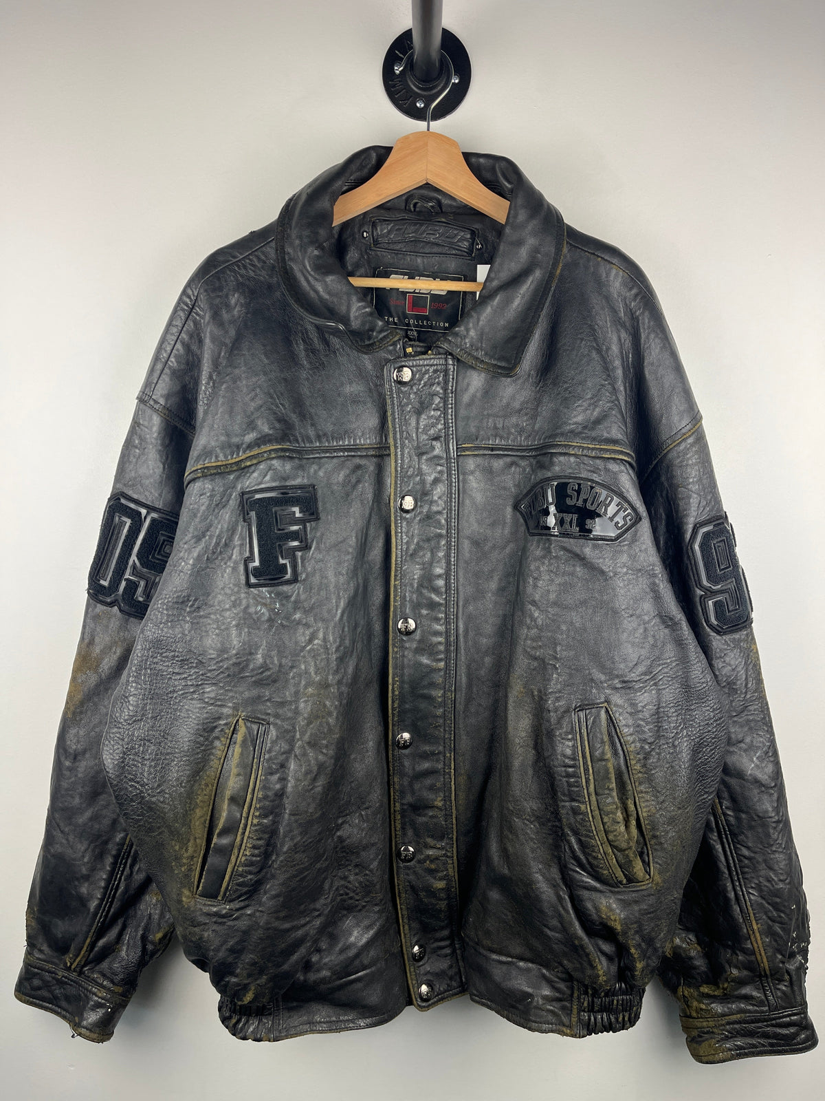 Vintage Fubu Sports Faded Black Leather Bomber Jacket
