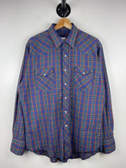 Vintage 90s Wrangler Western Pearl Snap Plaid Blue Long Sleeve Button Up Shirt