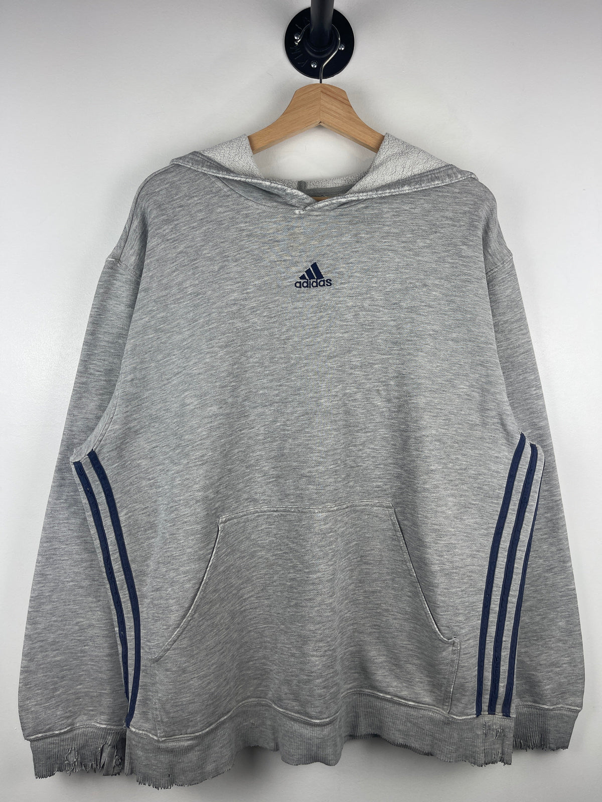 Vintage Adidas 3 Stripe Thrashed Grey Hoodie
