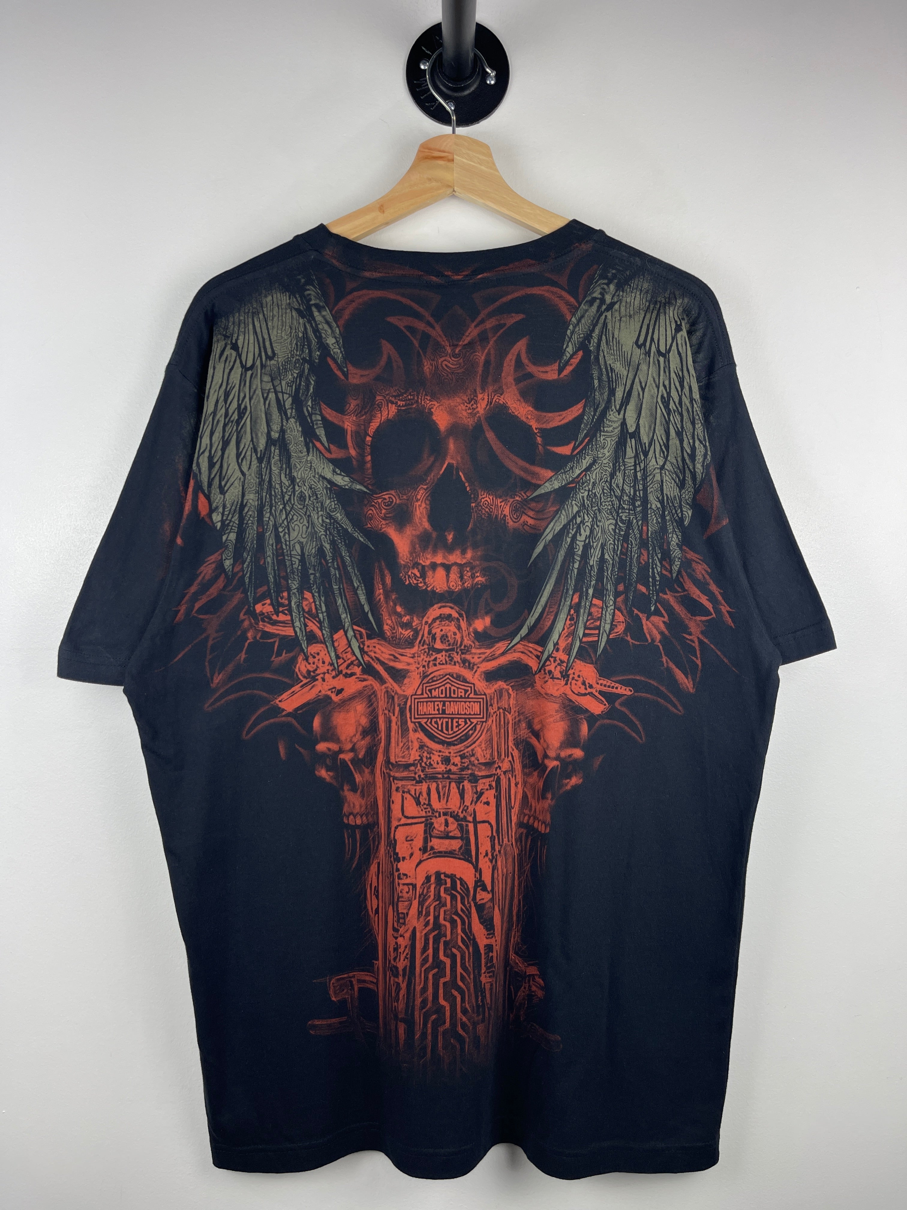 Vintage Harley Davidson Screw It Lets Ride Skull Tribal All Over Print Black Tee