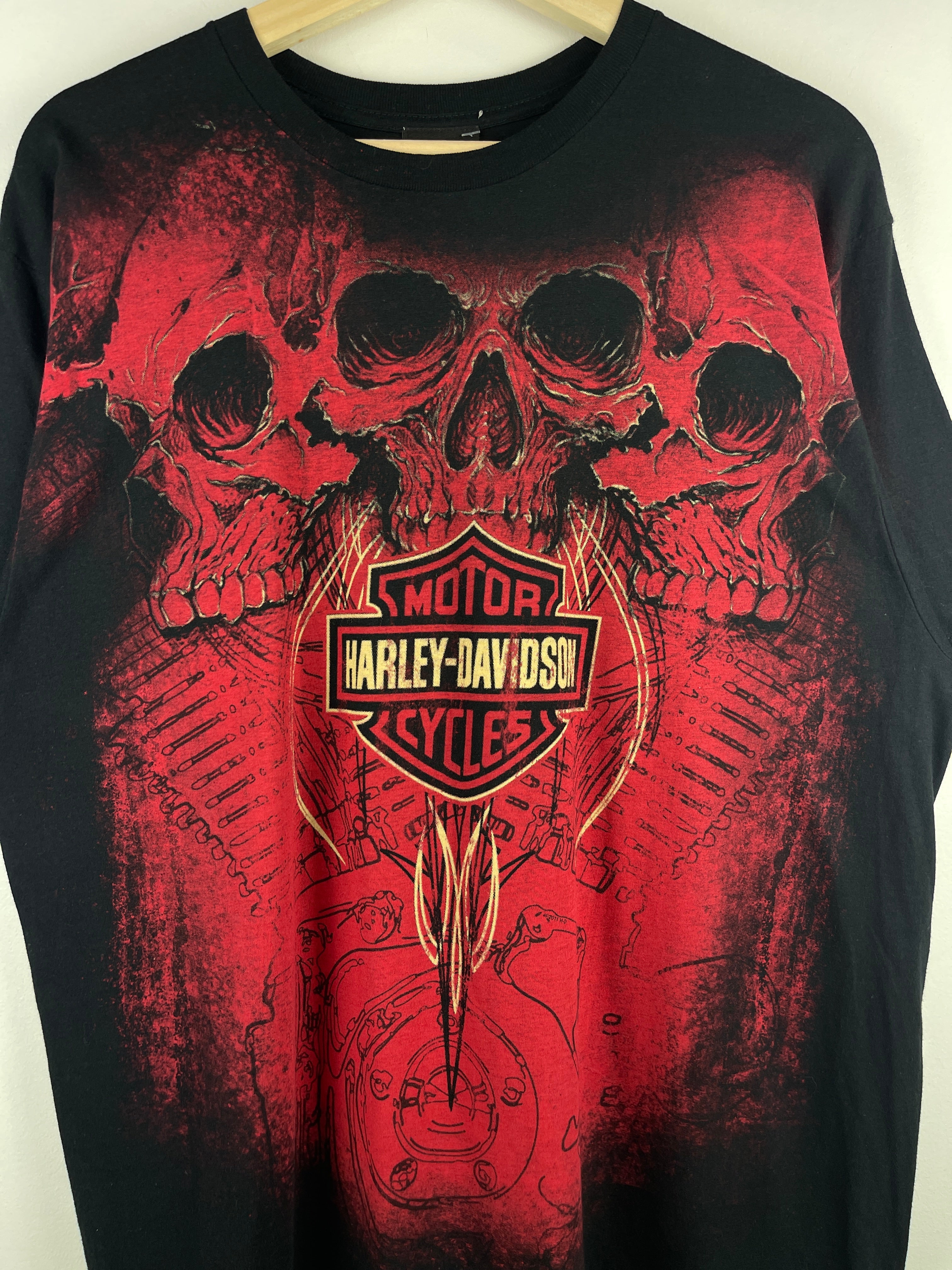 Vintage Harley Davidson Skulls Tribal All Over Black & Red  Print Tee