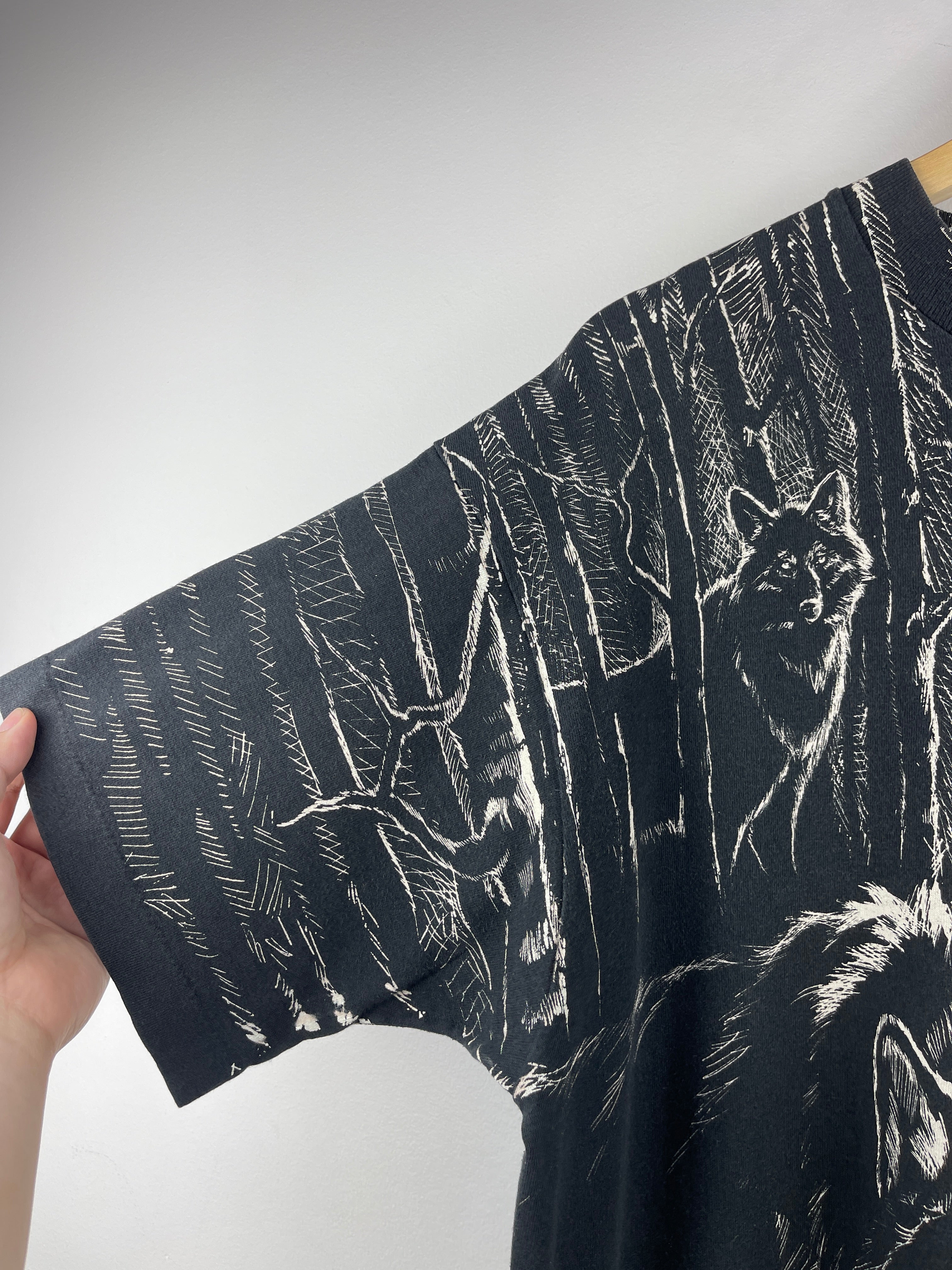 Vintage 90s Wolf Wilderness Alaska All Over Print Black Tee