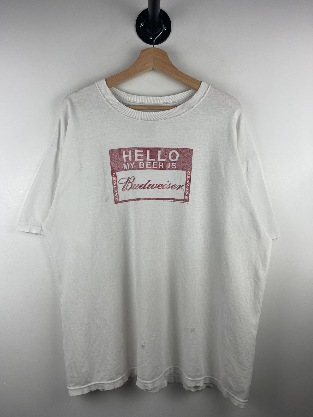 Vintage Budweiser Hello My Beer Is White Tee