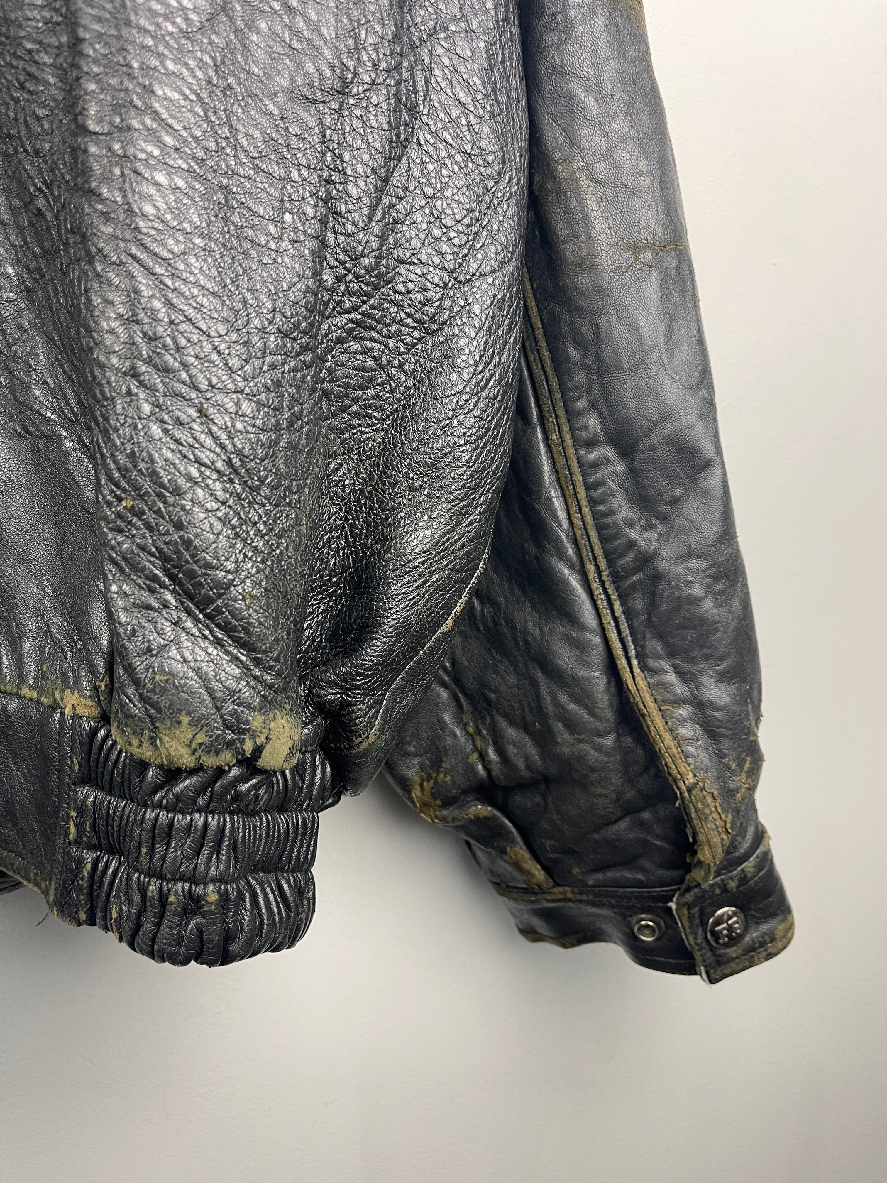 Vintage Fubu Sports Faded Black Leather Bomber Jacket