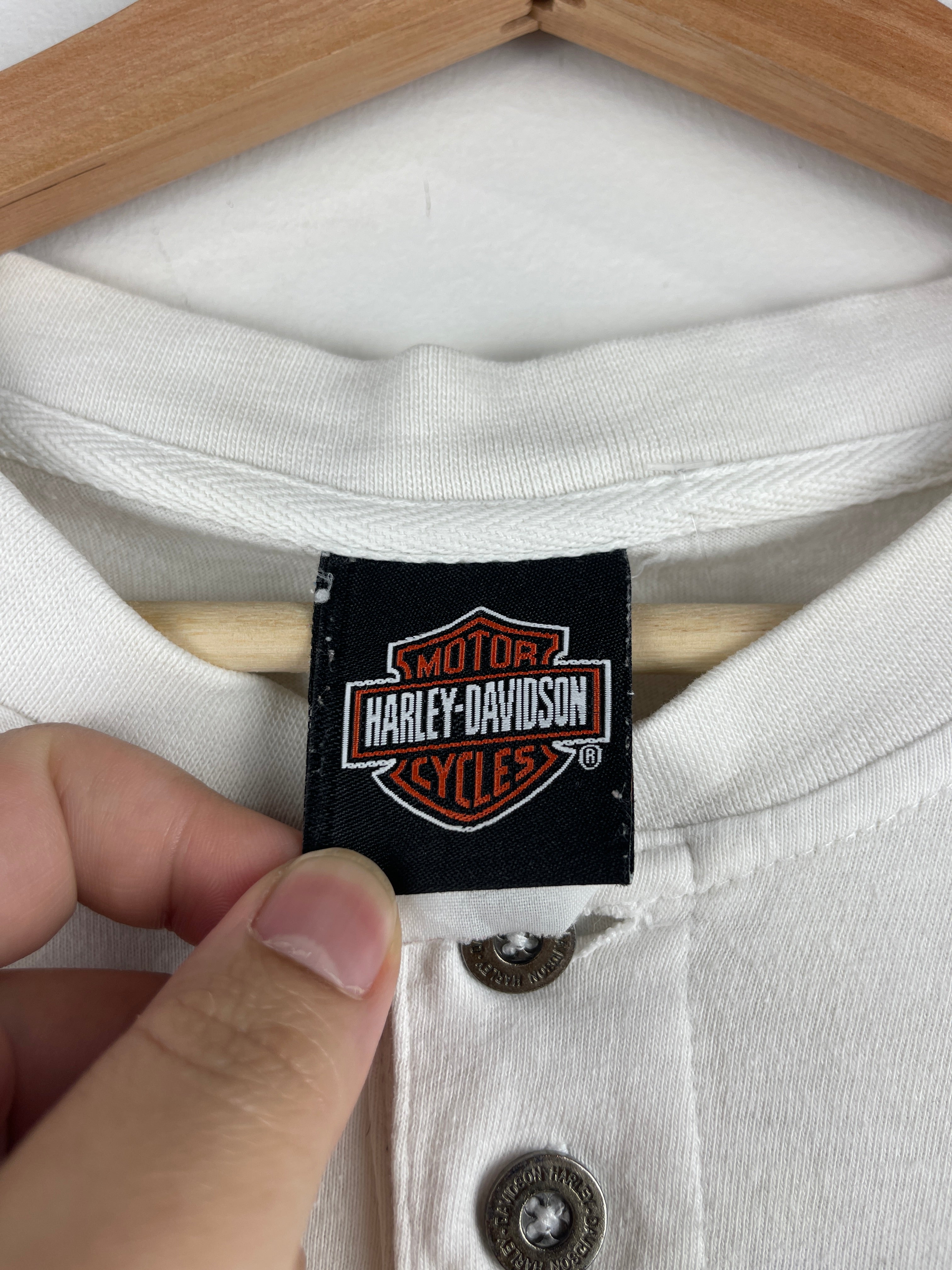 Vintage Harley Davidson Flaming Skull Delaware Embroidered White Henley Tee