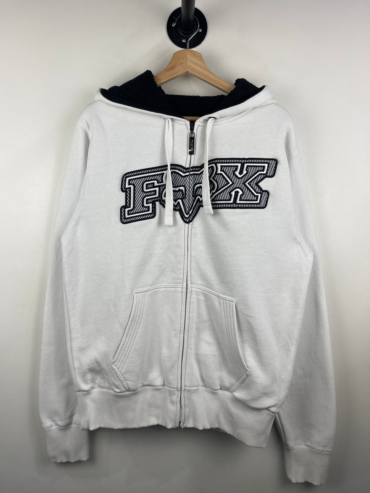Vintage Fox Racing Embroidered Sherpa Lined White Zip Up Hoodie