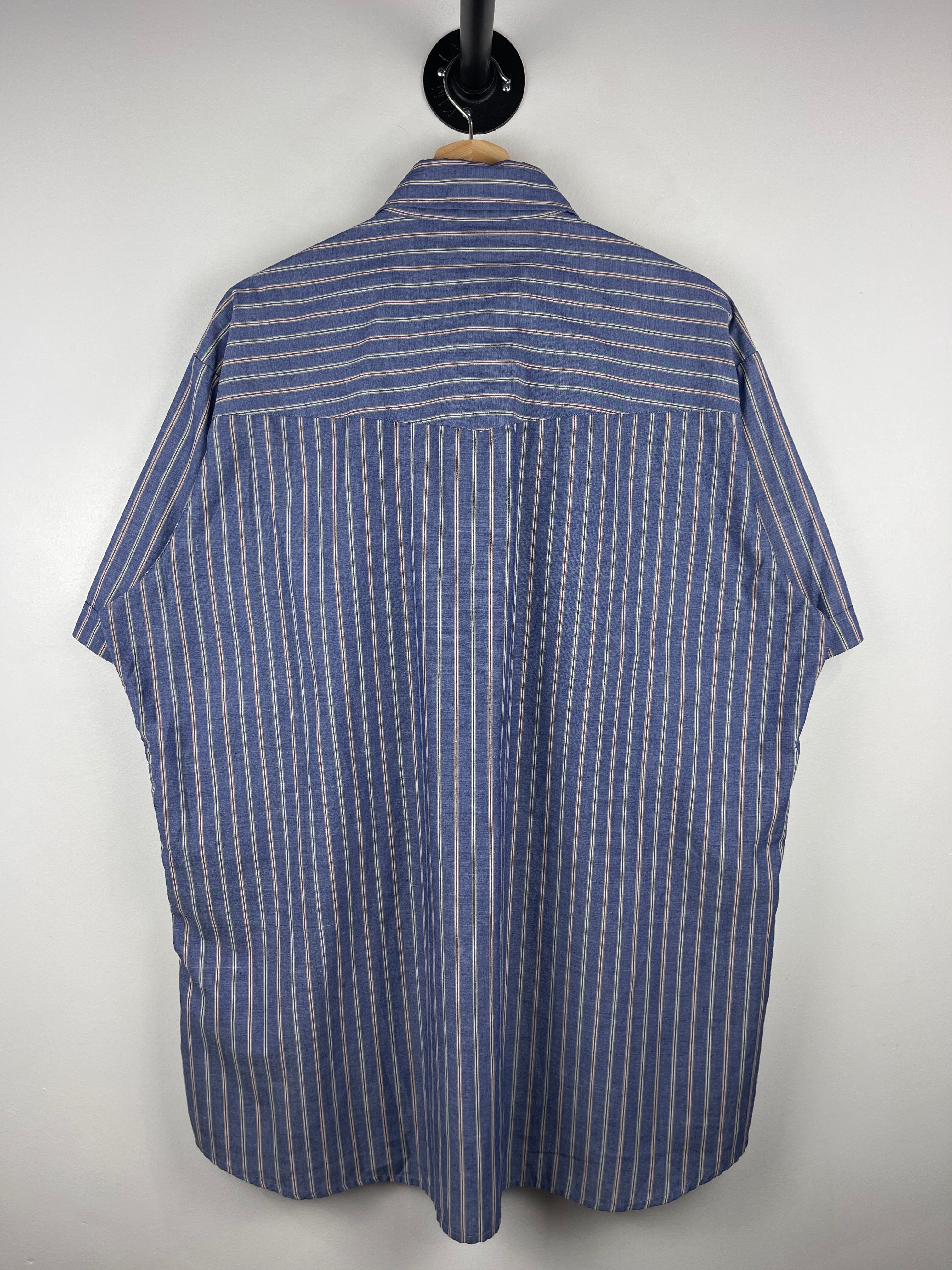 Vintage 90s Sheplers Pearl Snap Striped Blue Short Sleeve Button Up Shirt