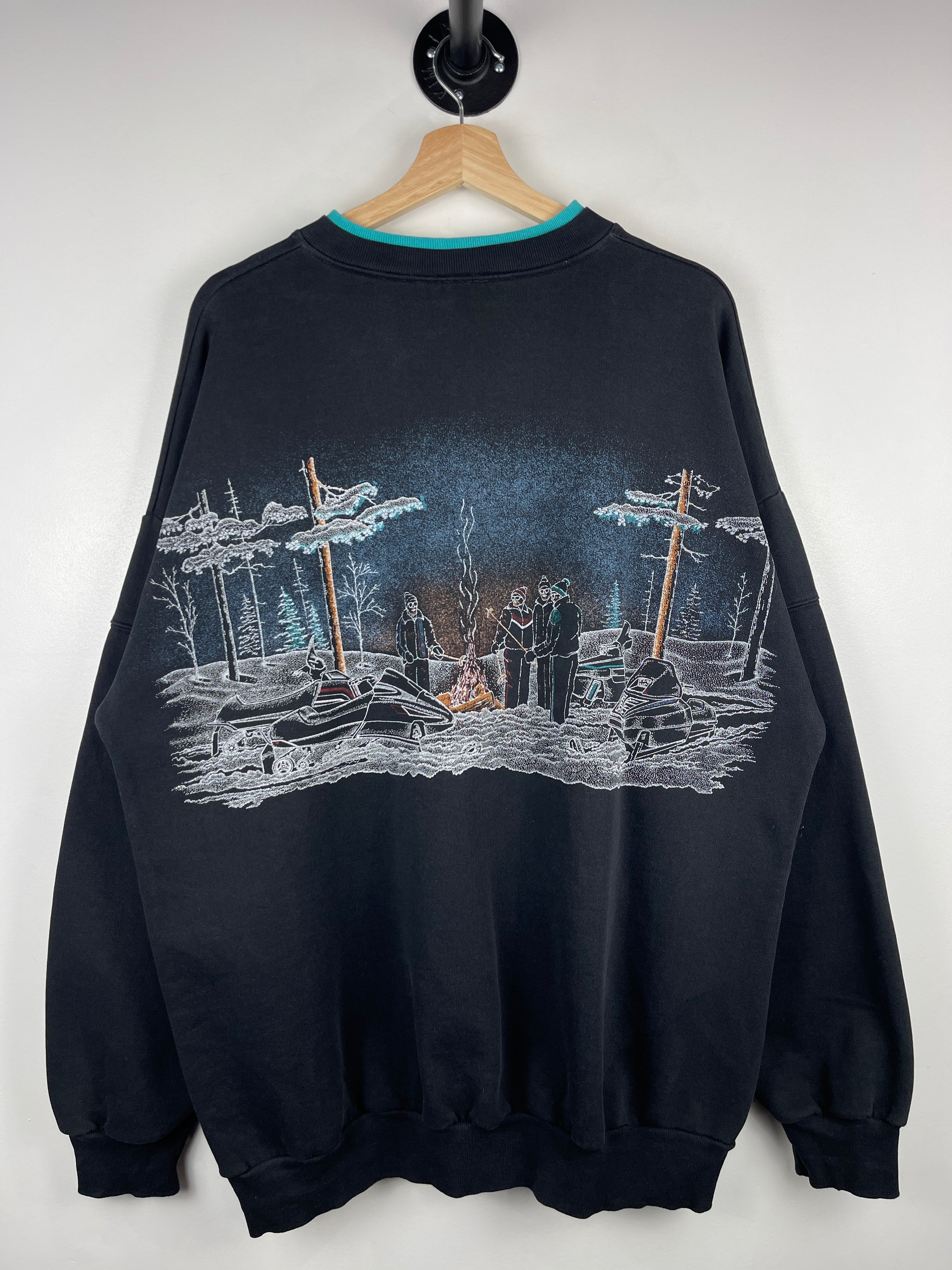 Vintage 90s Snowmobiling Wrap Around Black Henley Crewneck