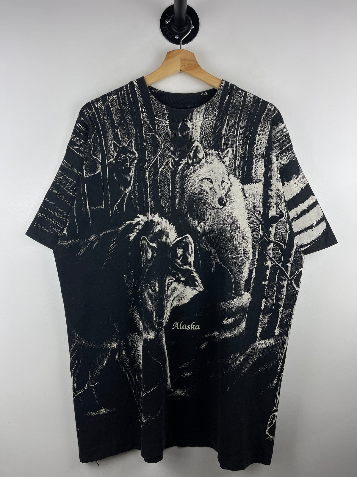 Vintage 90s Wolf Wilderness Alaska All Over Print Black Tee