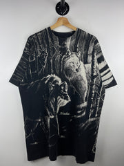 Vintage 90s Wolf Wilderness Alaska All Over Print Black Tee