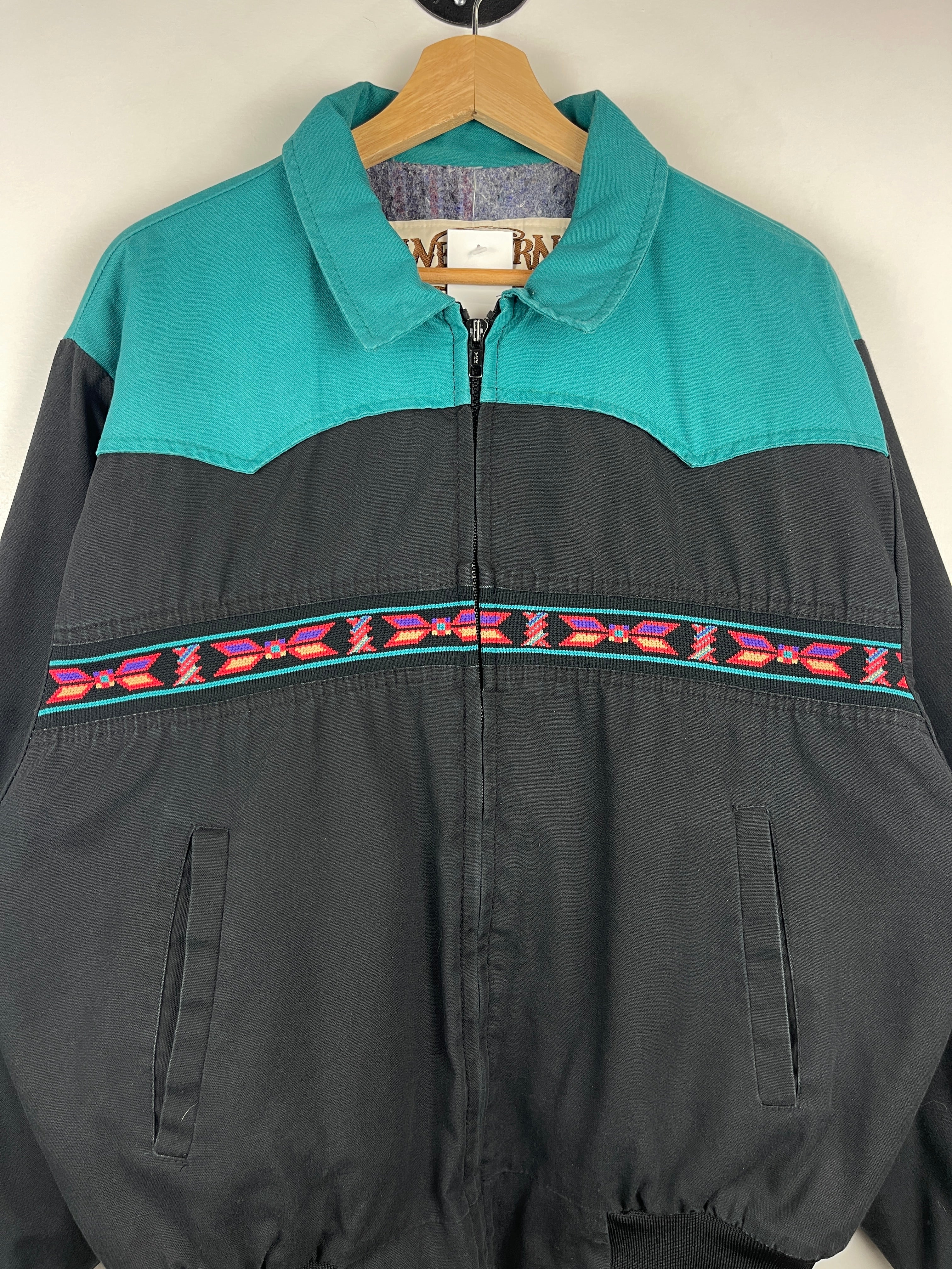 Vintage 90s Western Frontier Aztec Black Blanket Lined Bomber Jacket