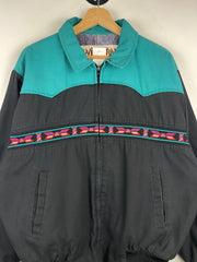 Vintage 90s Western Frontier Aztec Black Blanket Lined Bomber Jacket
