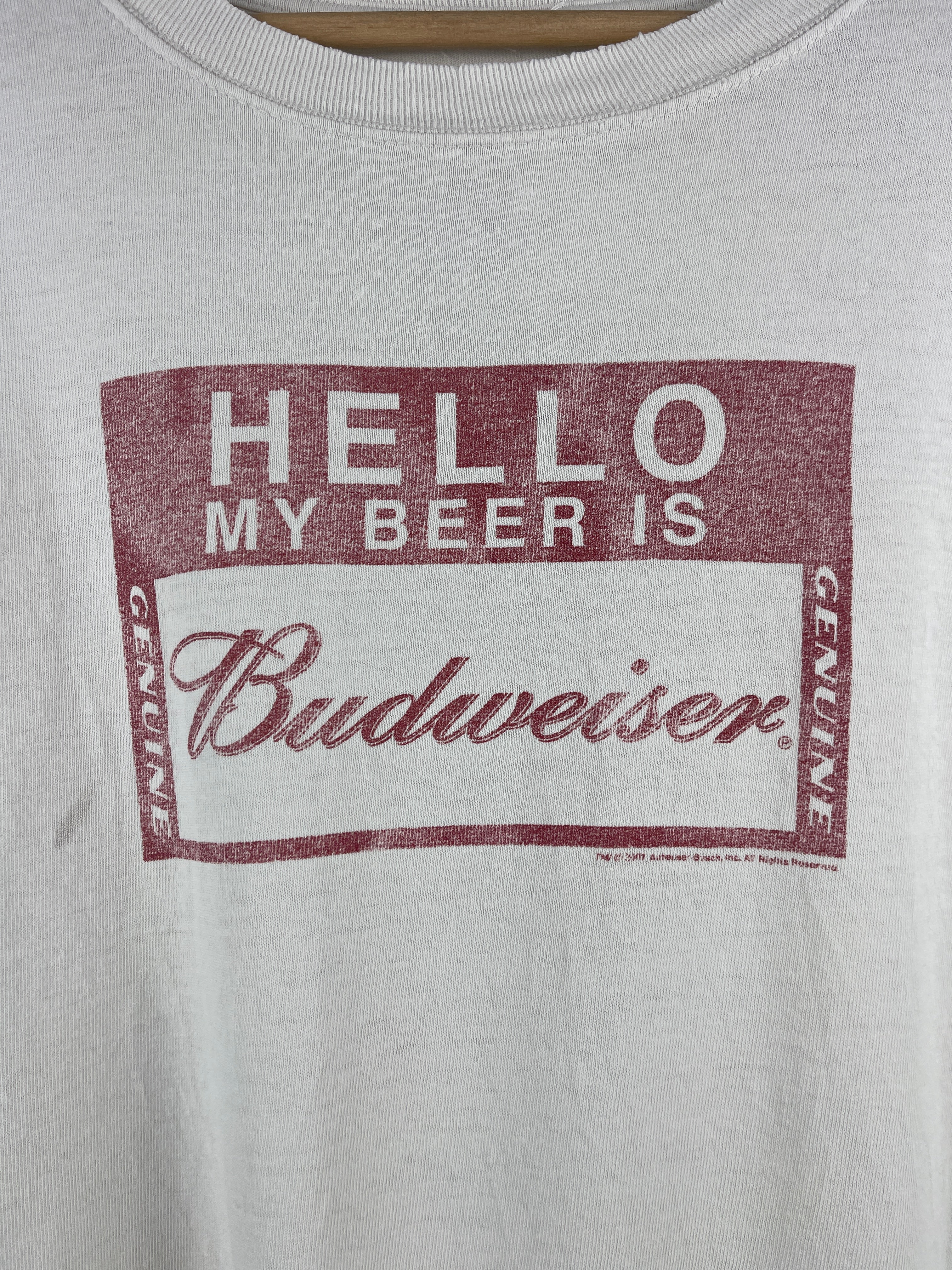 Vintage Budweiser Hello My Beer Is White Tee