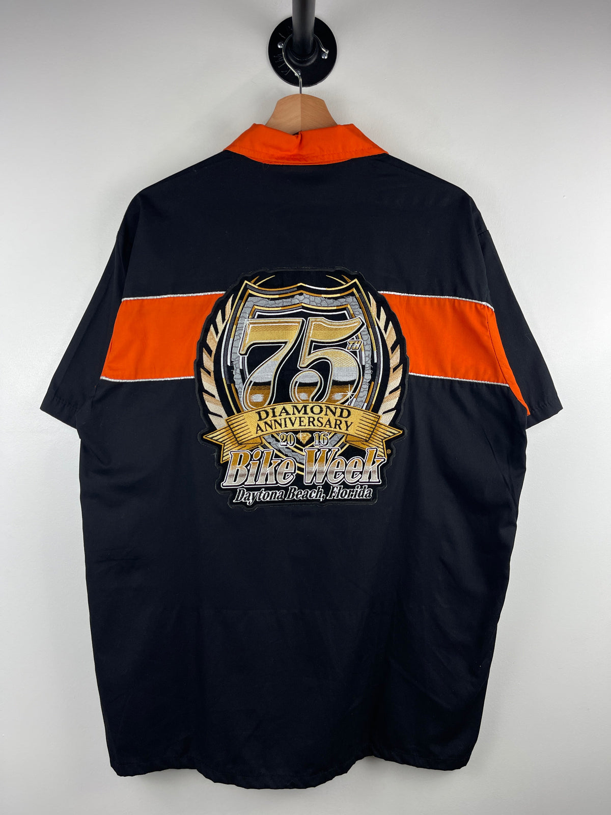 Vintage Bike Week Daytona Beach Embroidered Black & Orange Short Sleeve Button Up Shirt