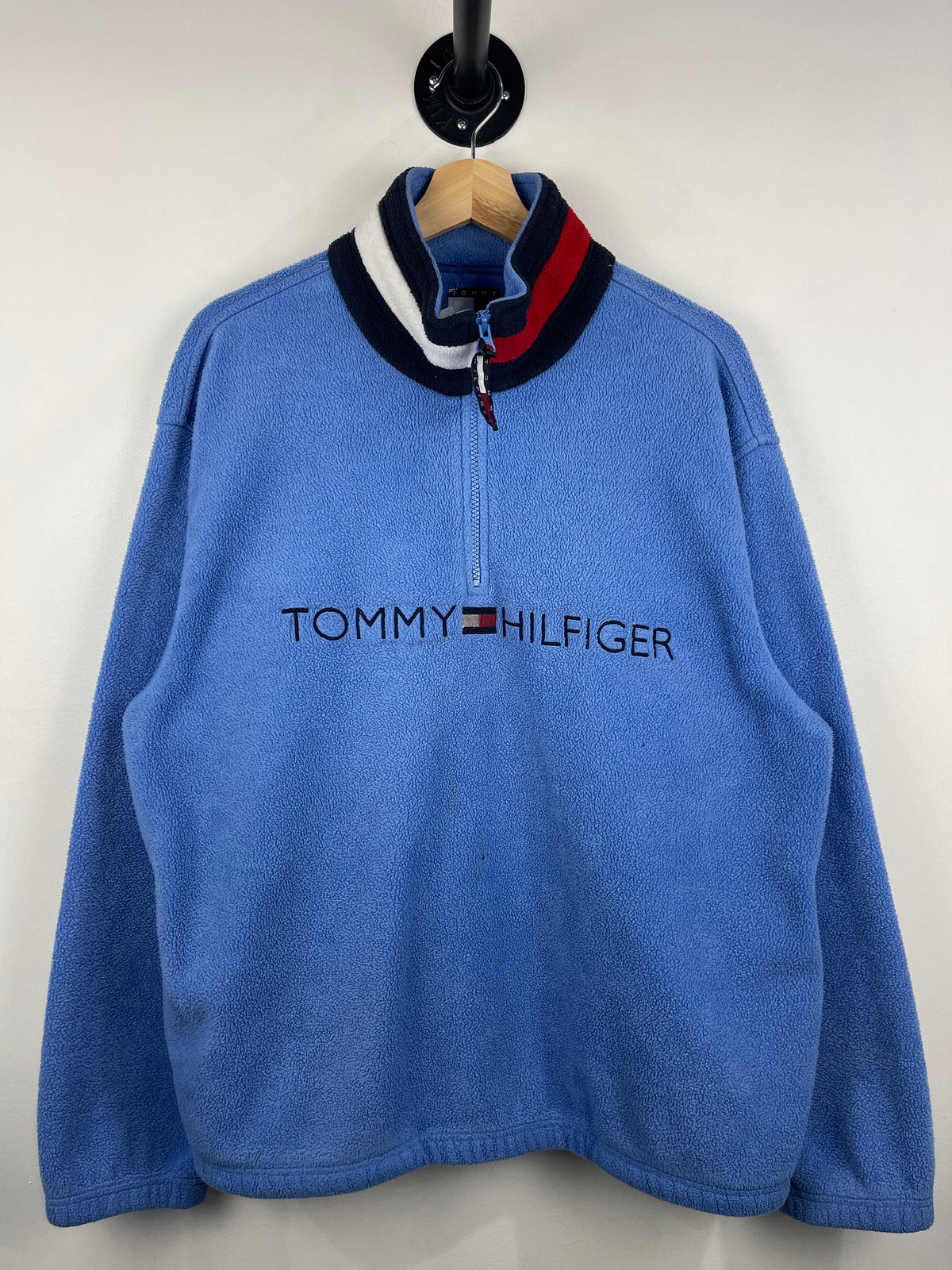 Vintage 90s Tommy Hilfiger Spellout Blue Quarter Zip Fleece Sweater