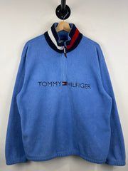 Vintage 90s Tommy Hilfiger Spellout Blue Quarter Zip Fleece Sweater