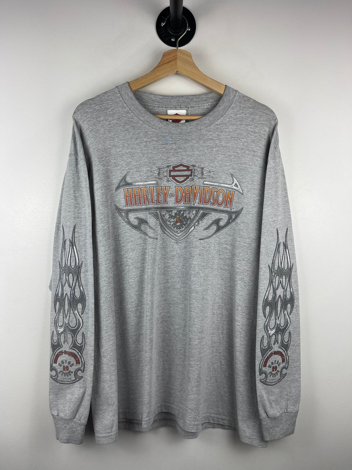 Vintage Harley Davidson Flames Geneva New York Grey Long Sleeve