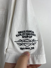 Vintage Harley Davidson Flaming Skull Delaware Embroidered White Henley Tee