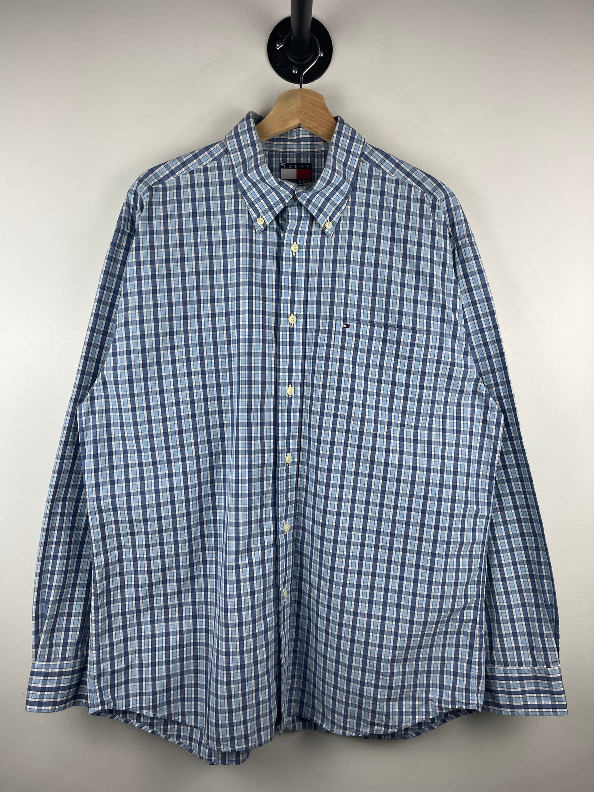 Vintage 90s Tommy Hilfiger Plaid Blue Long Sleeve Button Up Shirt