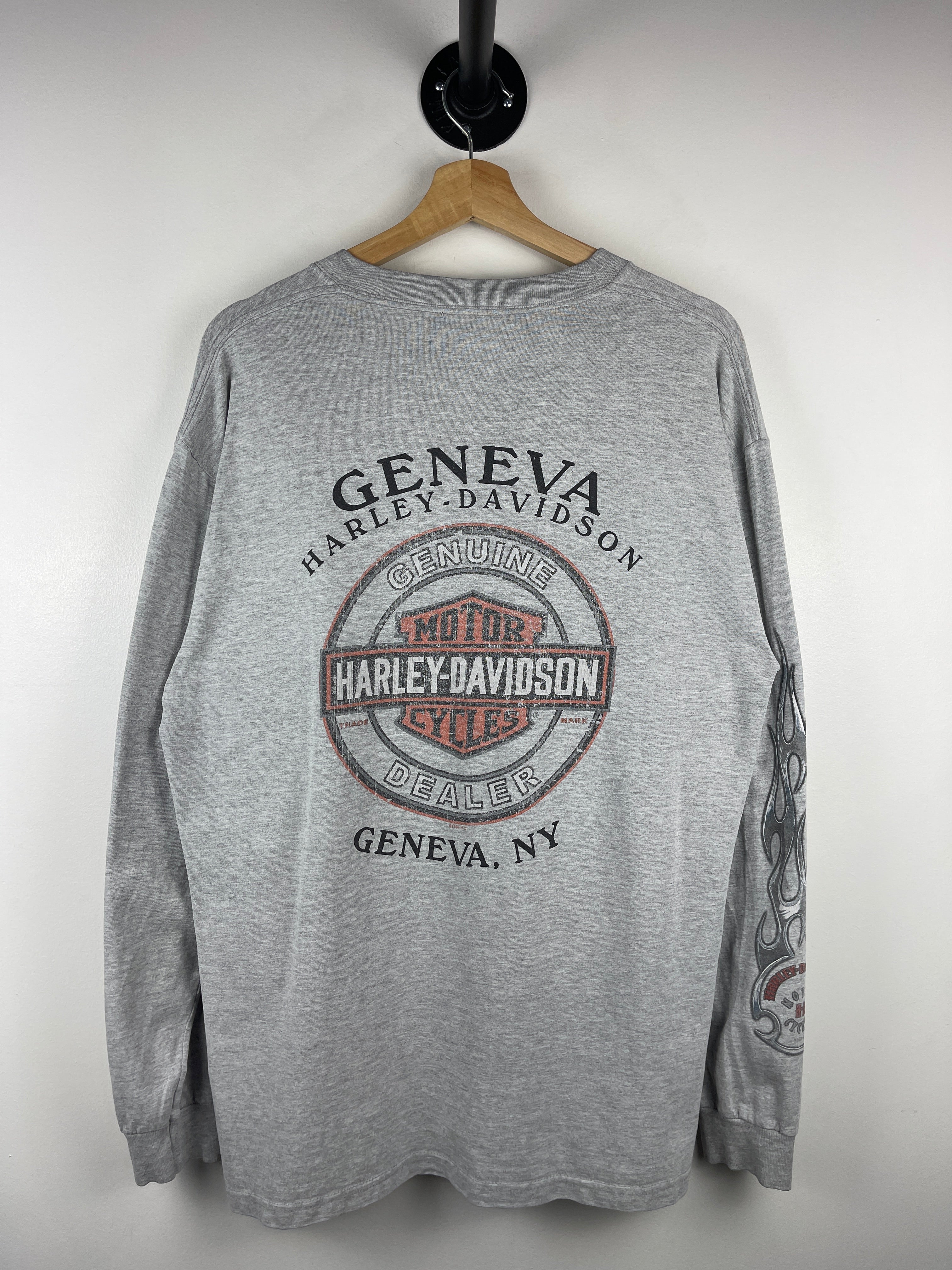 Vintage Harley Davidson Flames Geneva New York Grey Long Sleeve