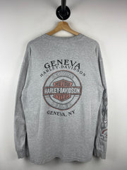 Vintage Harley Davidson Flames Geneva New York Grey Long Sleeve