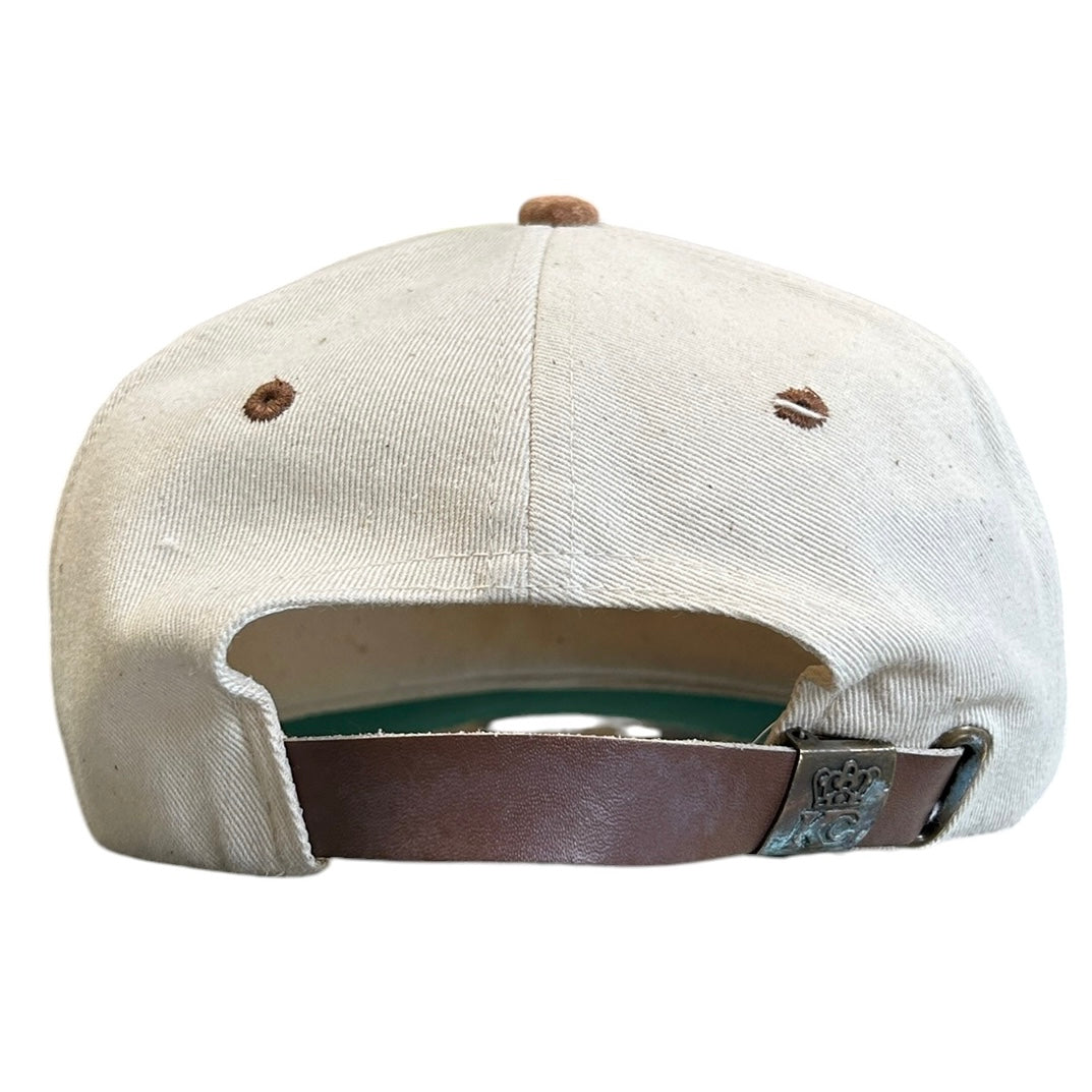 Vintage 90s Will Golf For Food Beige & Brown Leather Strapback Hat