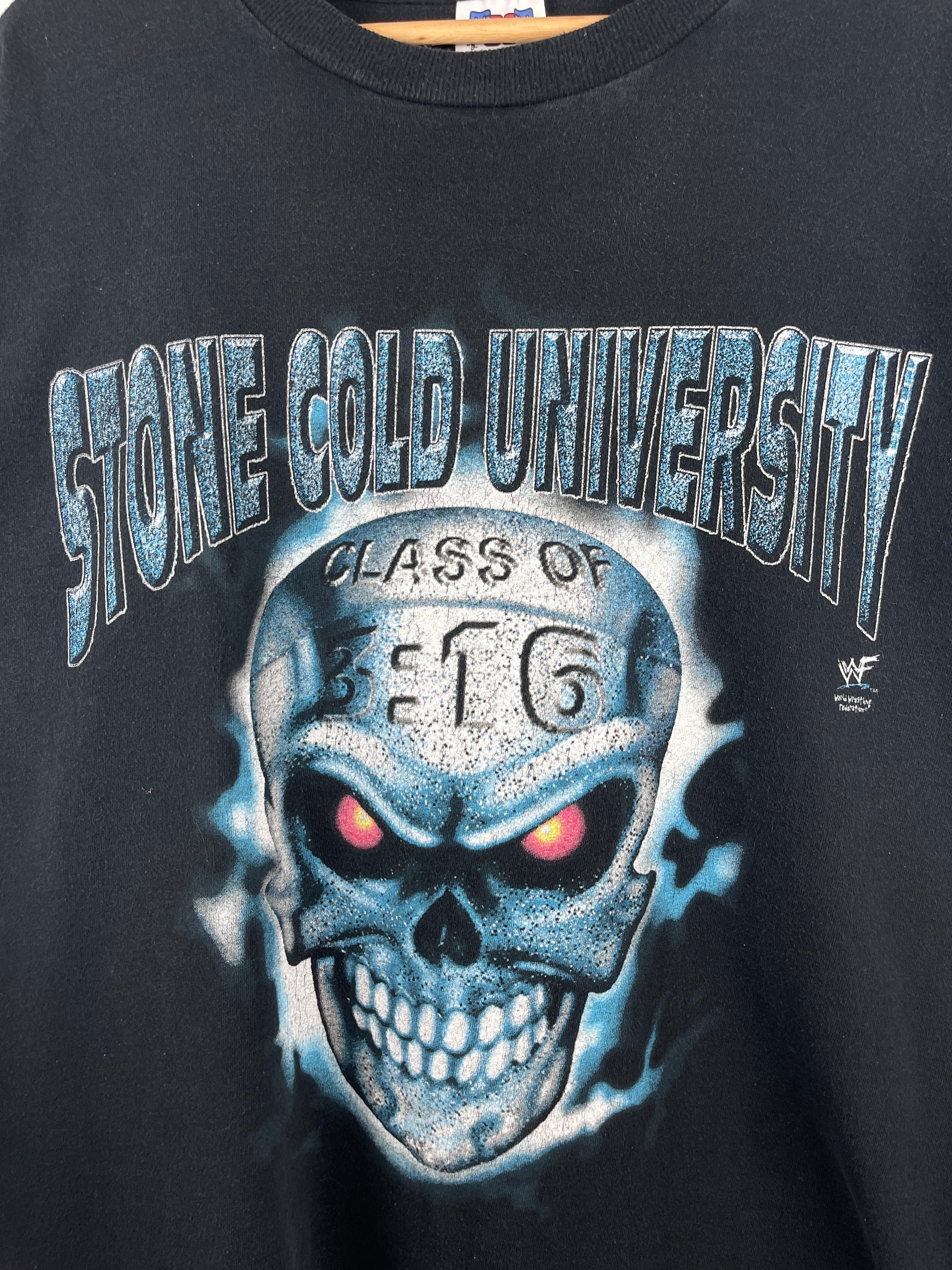 Vintage 90s WWF Stone Cold Steve Austin University Skull Black Tee