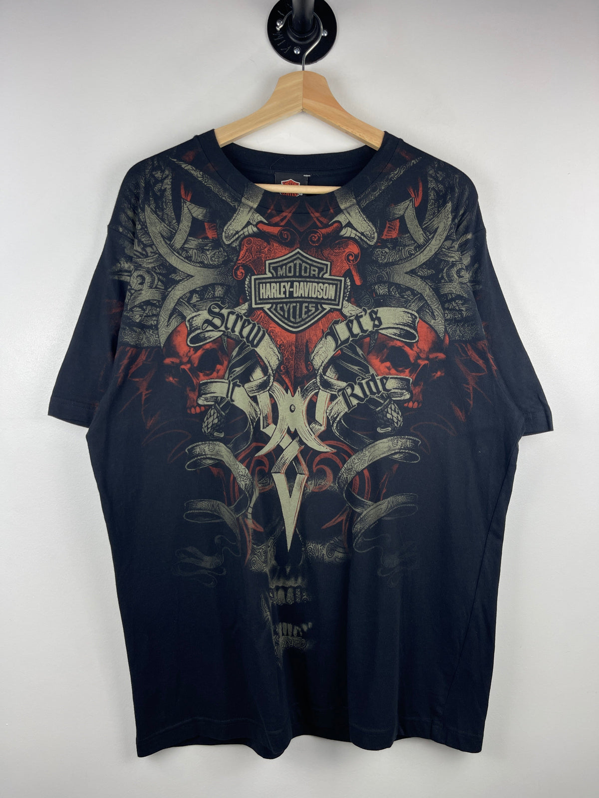 Vintage Harley Davidson Screw It Lets Ride Skull Tribal All Over Print Black Tee