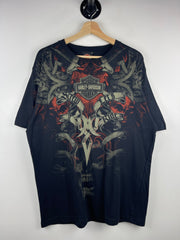 Vintage Harley Davidson Screw It Lets Ride Skull Tribal All Over Print Black Tee
