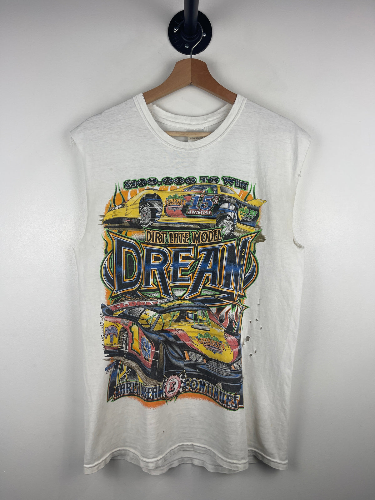 Vintage Dirt Racing Thrashed White Cut Off Tank Top