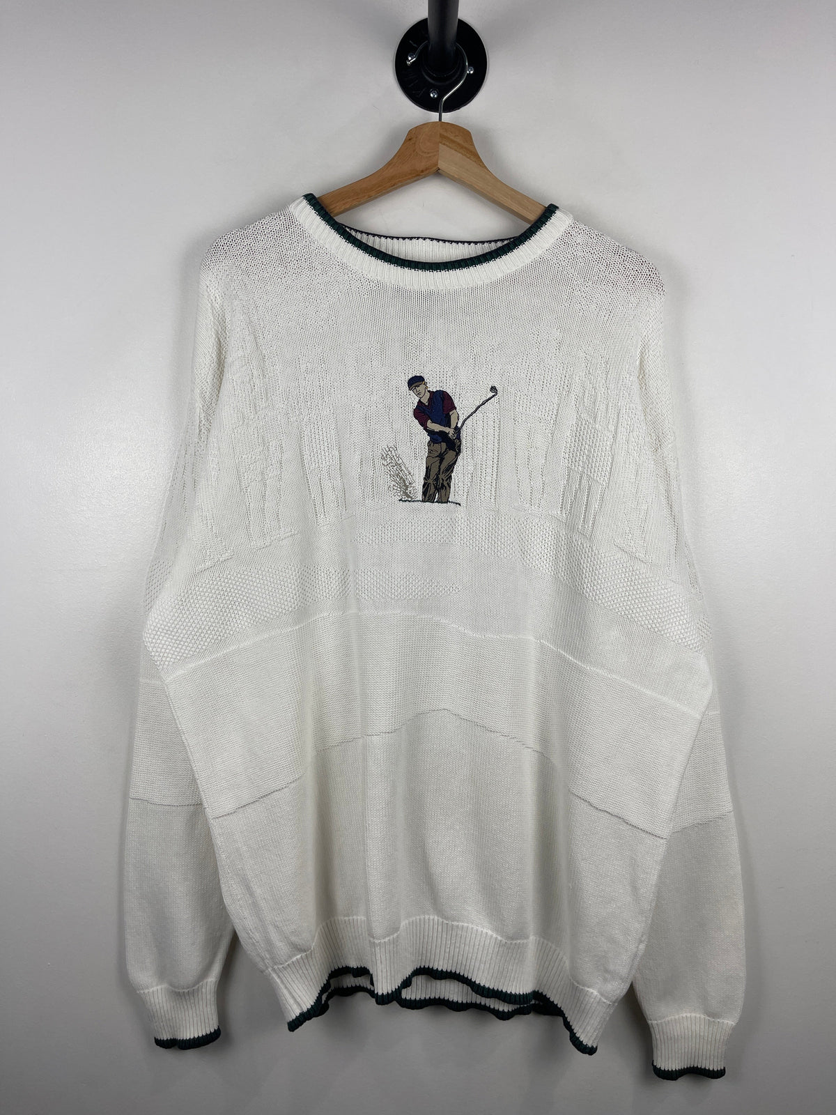 Vintage Fairway Sport Golf Player Embroidered White Knit Sweater