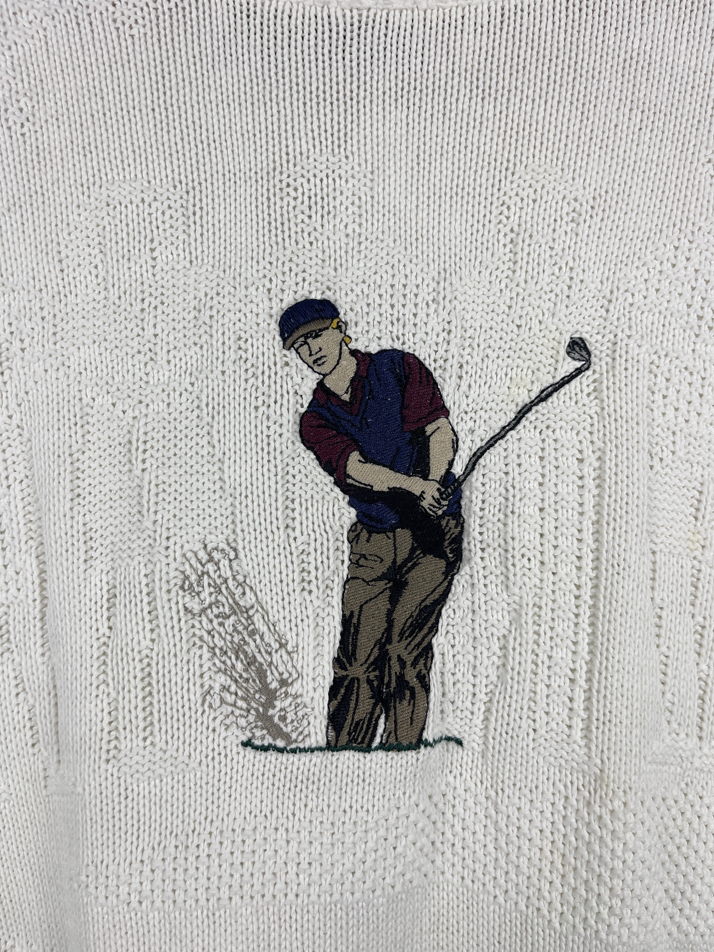 Vintage Fairway Sport Golf Player Embroidered White Knit Sweater